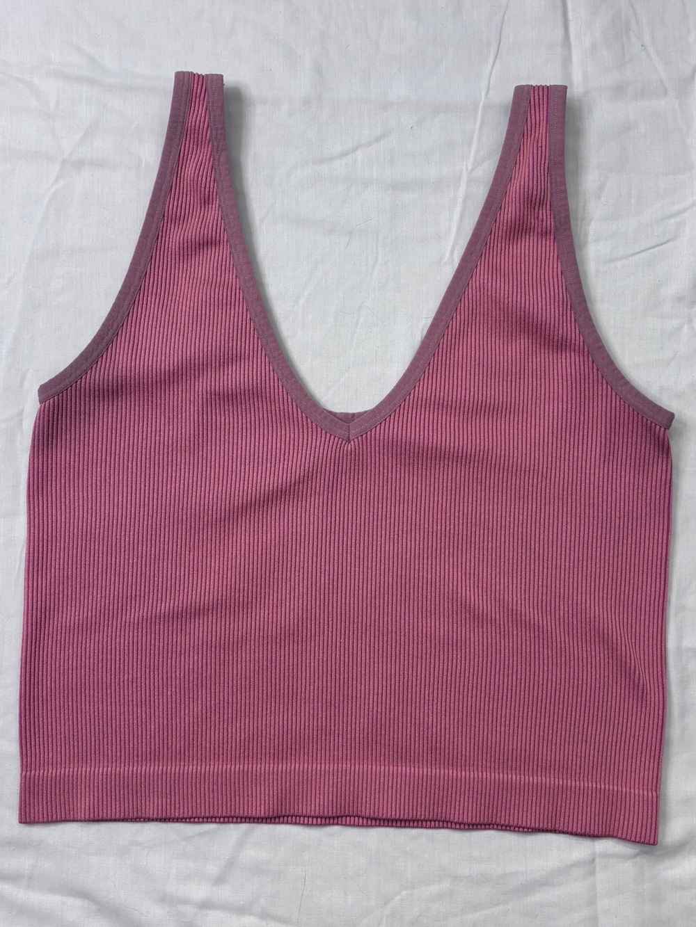 Pink Ribbed V-Neck Crop Tank